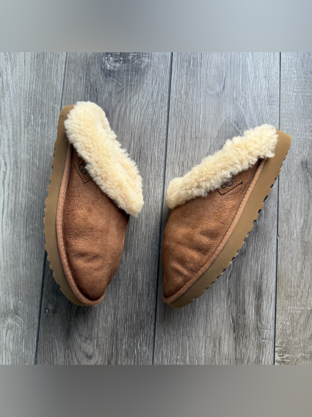 UGG Chestnut Suede Slip-On Shearling Mules with Cream Trim